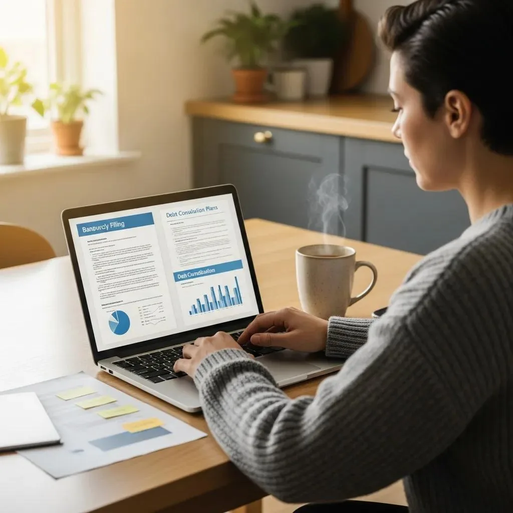 Person reviewing bankruptcy documents on a laptop at a cozy kitchen table, with coffee and notes, relevant to Chapter 7 bankruptcy eligibility in California.