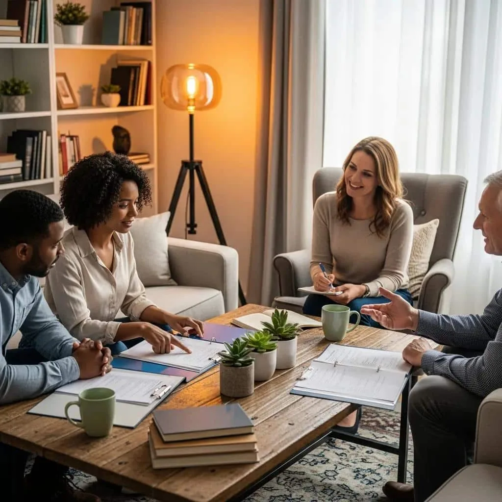 Group discussing debt management strategies in a cozy setting, featuring diverse individuals engaged in conversation around a table with documents, plants, and coffee mugs, emphasizing collaboration for financial relief.