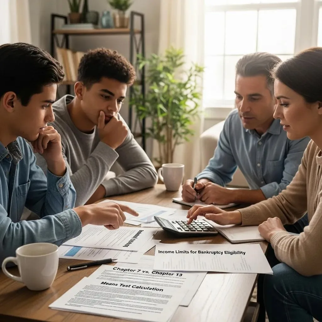 Family discussing finances with calculator and financial documents, focusing on Chapter 7 bankruptcy eligibility and income limits.