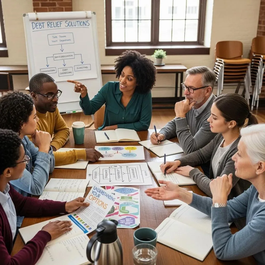 Diverse group of participants engaged in a community workshop on debt relief solutions, discussing financial strategies with charts and materials on the table.